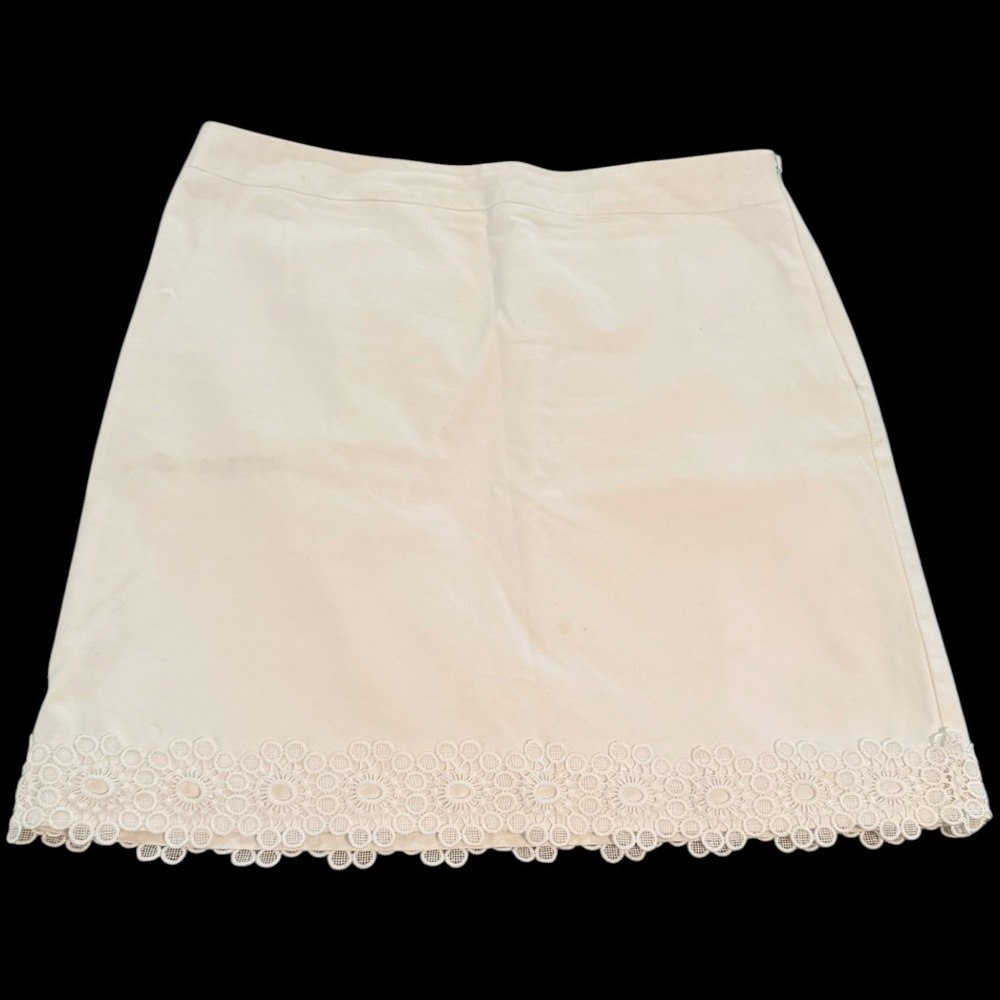 Talbots Womens White Eyelet Lace Trim A-Line Skirt Size 12 Stretch Cottagecore